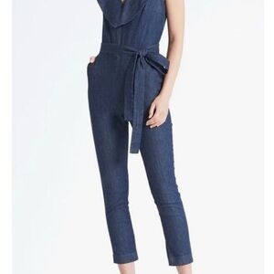 Preppy Academia Stylish Blue Denim V Neck Ruffle Jumpsuit Size 6